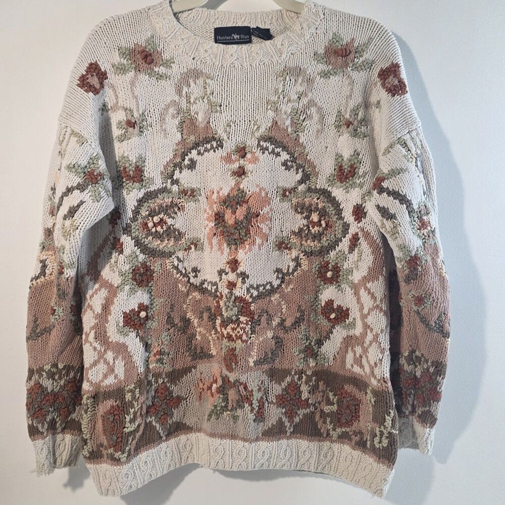 Hunters Run Mix Knit Sweater Small Vintage 80's 90's Floral Cottagecore Grandma